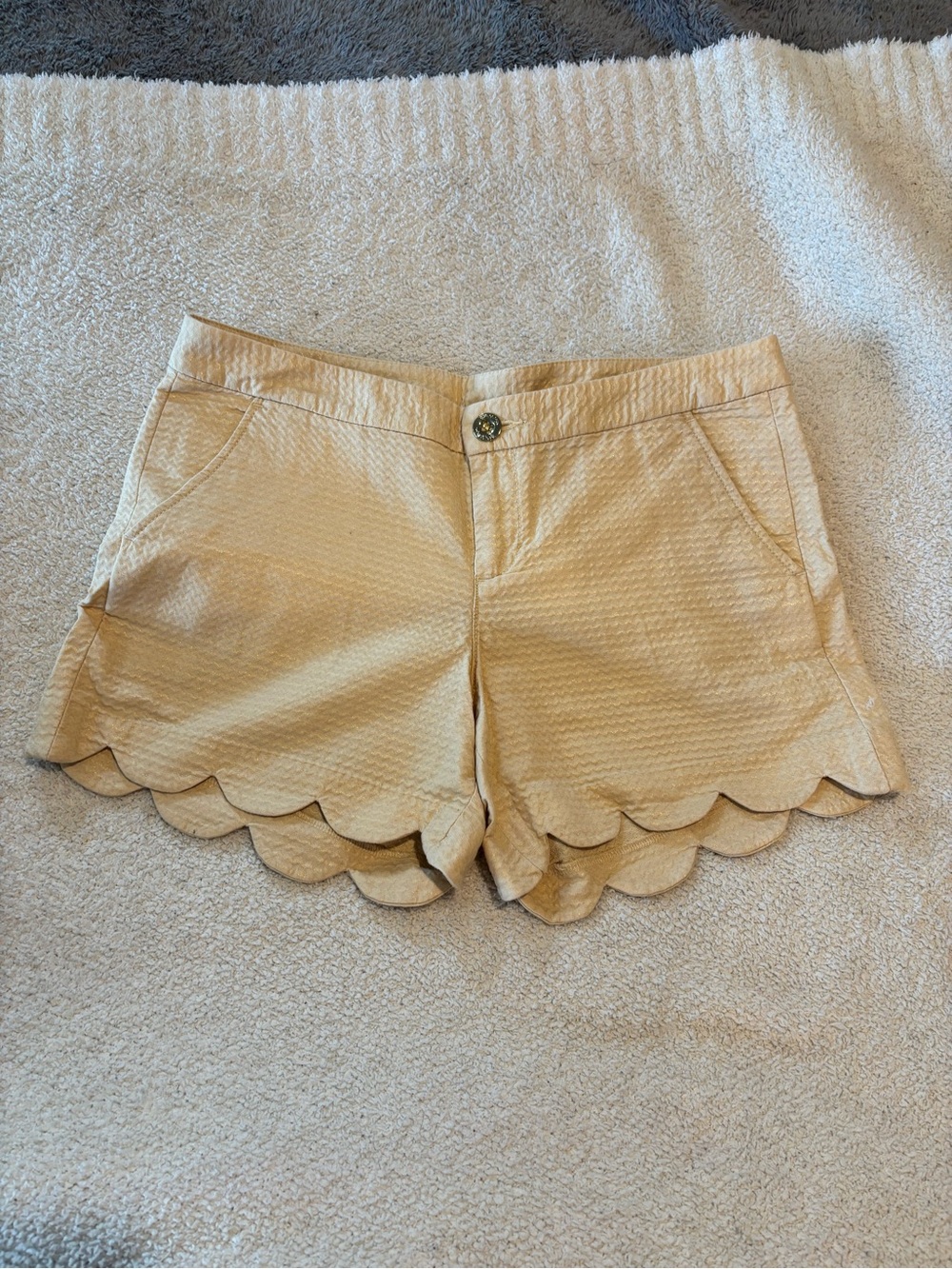 Lilly Pulitzer Scallop-Hem High Waist Shorts in Light Tan